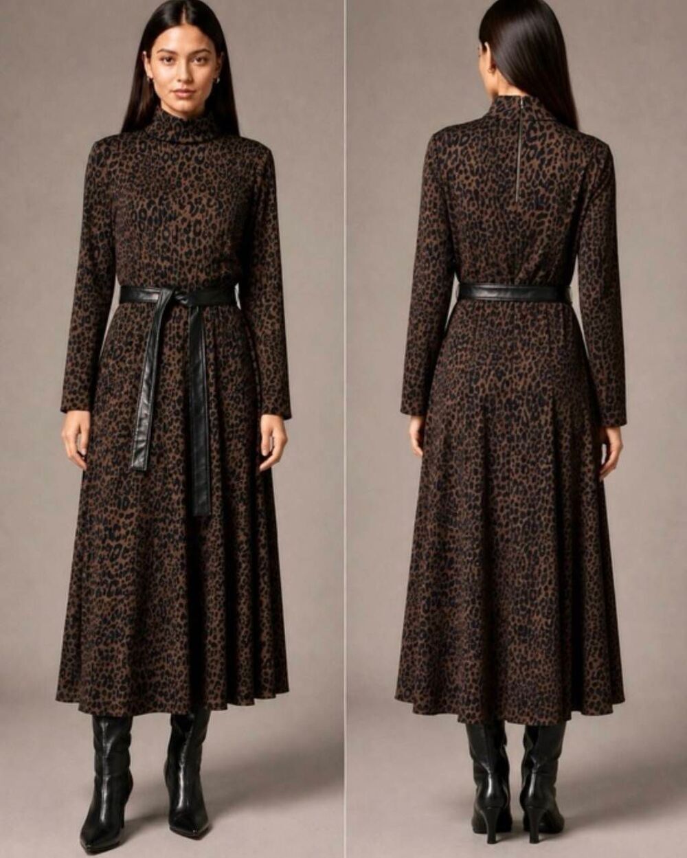 Anne Klein Espresso Leopard Print Midi Mock Neck Dress 14 Animal Fall Winter